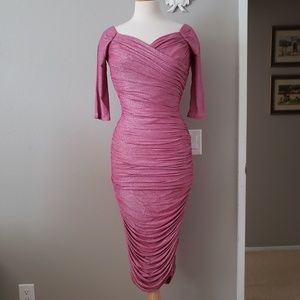 PUG Laura Byrnes Pink Lurex Monica Wiggle Dress Rare Color Dramatic Draping